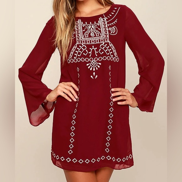 Lulus Dresses & Skirts - Lulus Well Traveled Wine Red Embroidered Shift Dress